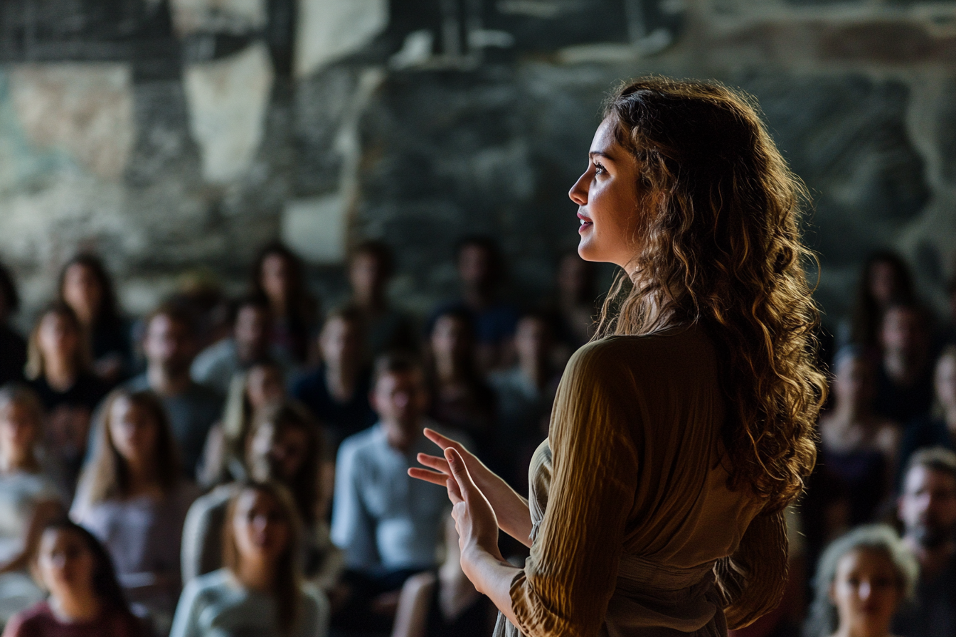 Person at computer with thought bubbles containing brilliant ideas, then arrow pointing to engaging content being published on their professional website